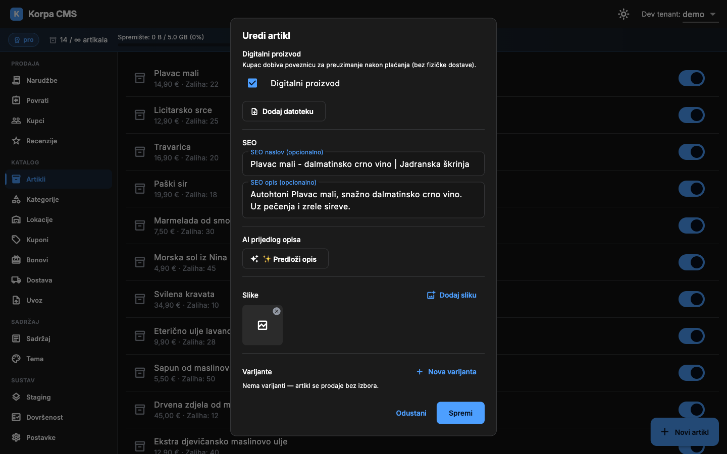 Digitalni prekidač i sekcija za upload datoteke na artiklu