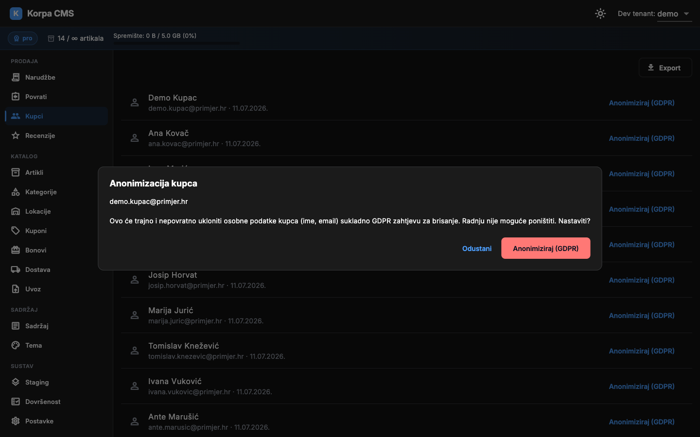 Potvrdni dijalog anonimizacije kupca (GDPR)