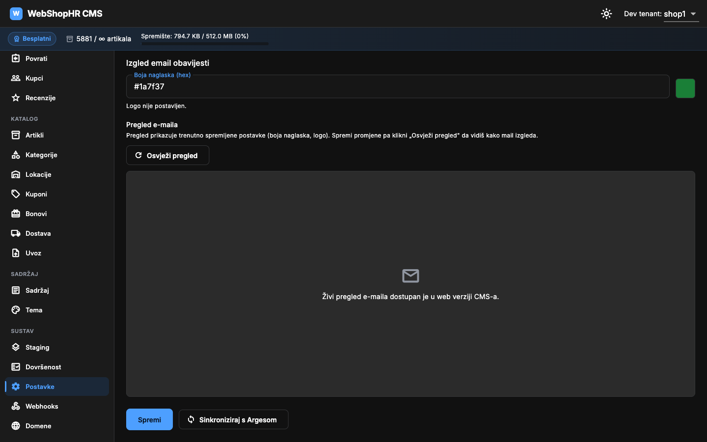 Pregled e-maila u Postavkama — gumb „Osvježi pregled" i okvir pregleda
