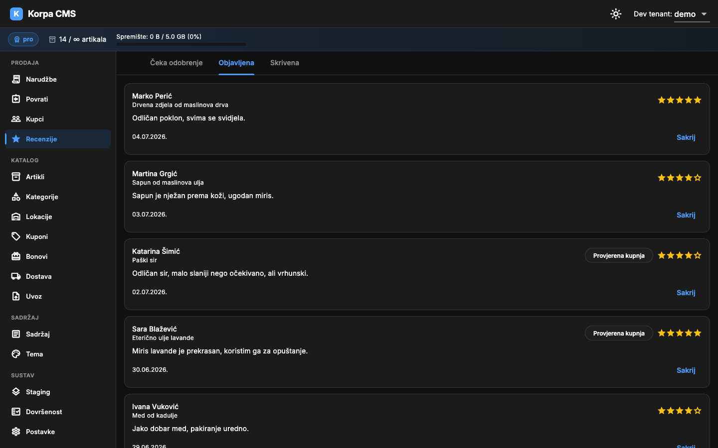 Recenzije — tab Objavljena