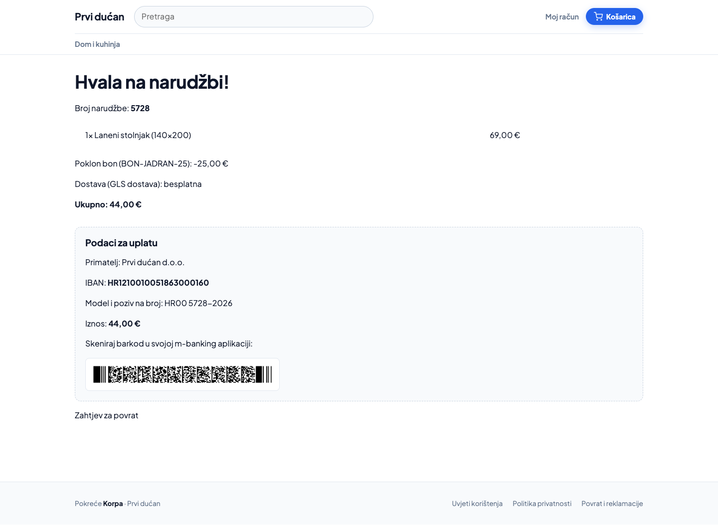Narudžba plaćena poklon bonom — redak „Bon −iznos"