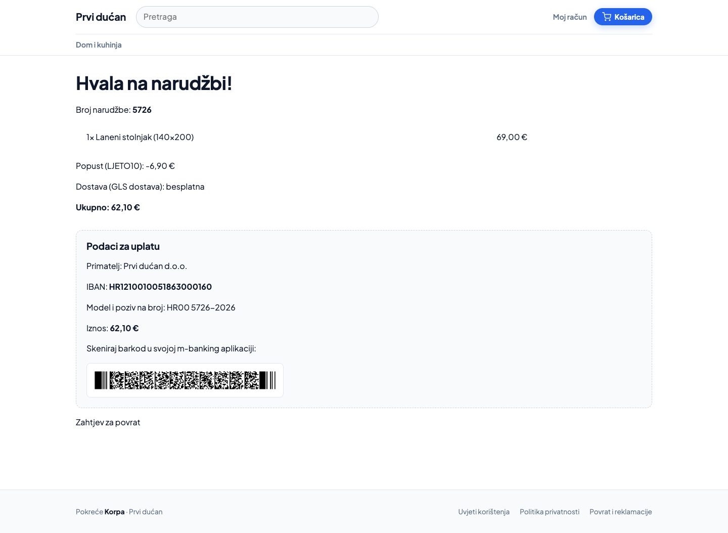 Narudžba s primijenjenim kuponom — zaseban redak popusta