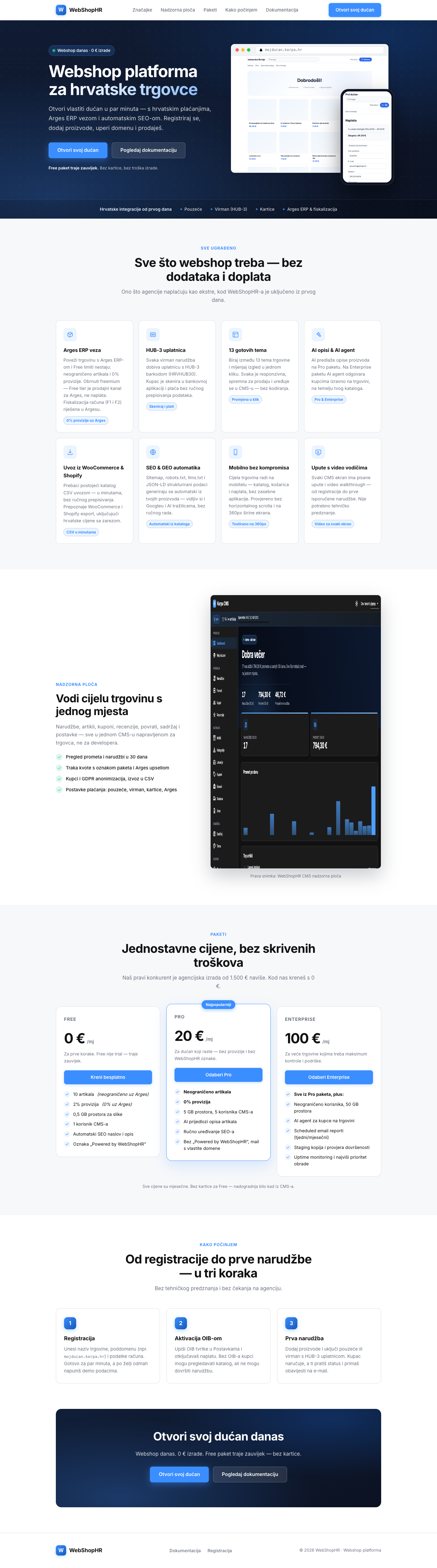 Prikaz paketa i cijena na WebShopHR landing stranici