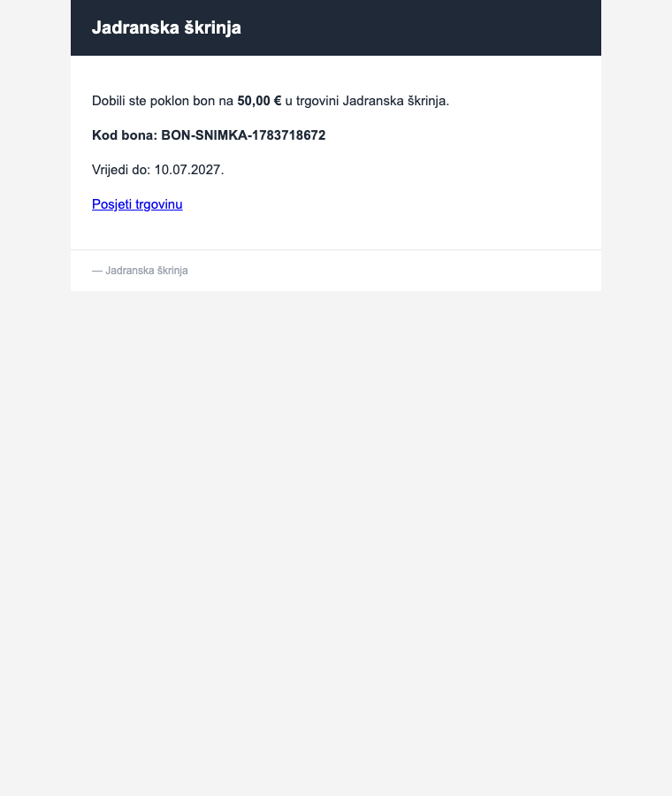 E-mail primatelju s kodom poklon bona
