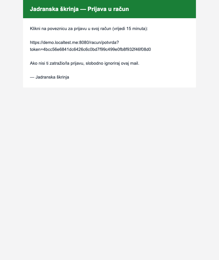E-mail s poveznicom za prijavu (magic link)