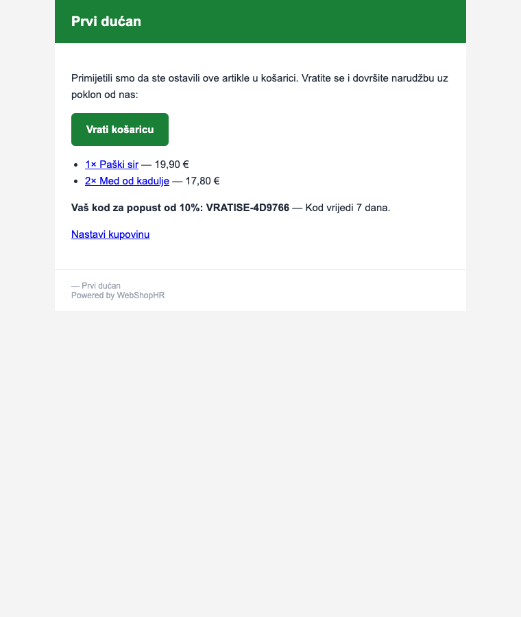 Mail podsjetnik za napuštenu košaricu — gumb "Vrati košaricu", popis artikala i kupon