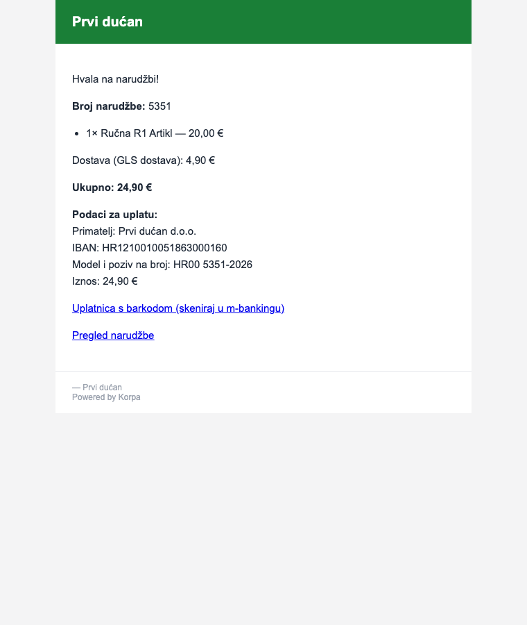 Mail-potvrda na Free paketu — s oznakom „Powered by WebShopHR"
