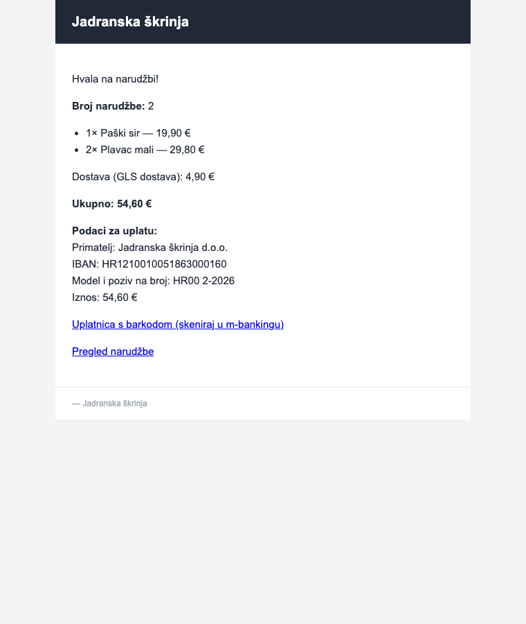 E-mail potvrde narudžbe