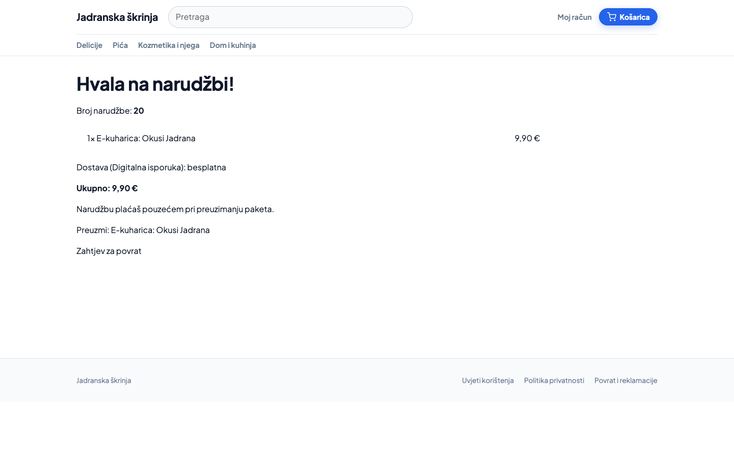 Stranica narudžbe s poveznicom za preuzimanje digitalnog proizvoda