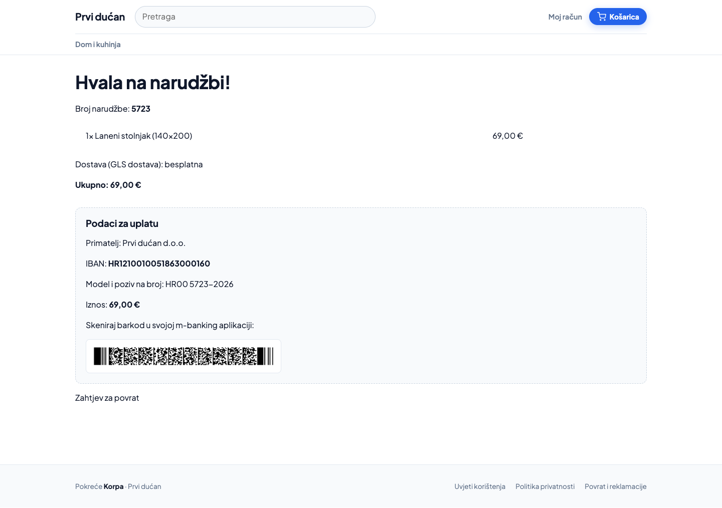 Potvrda narudžbe s HUB-3 uplatnicom (virman)