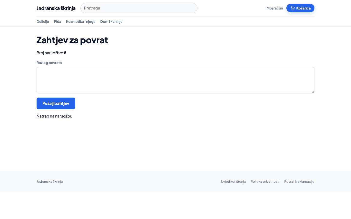 Obrazac za zahtjev povrata na stranici narudžbe