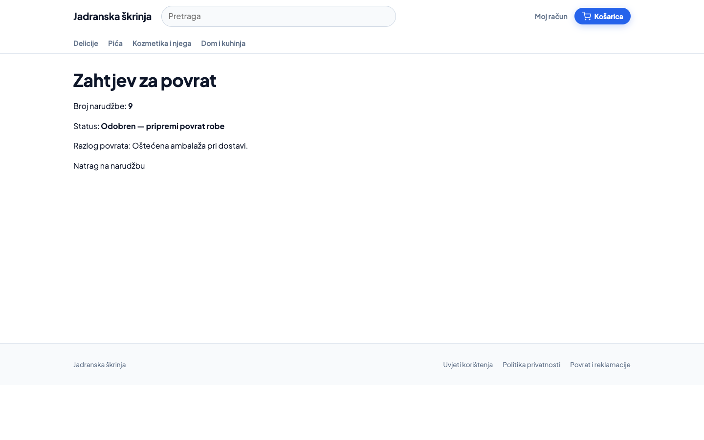 Potvrda kupcu da je zahtjev za povrat podnesen