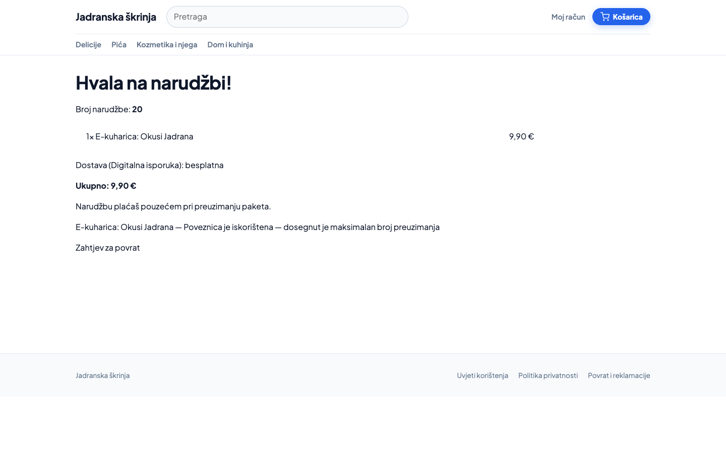 Poruka da je poveznica za preuzimanje istekla